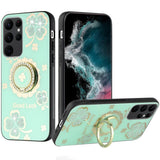 For Samsung S23 Ultra SPLENDID Diamond Glitter Ornaments Engraving Case Cover - Good Luck Floral Teal