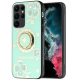 For Samsung S23 Plus SPLENDID Diamond Glitter Ornaments Engraving Case Cover - Good Luck Floral Teal