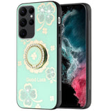For Samsung S23 Ultra SPLENDID Diamond Glitter Ornaments Engraving Case Cover - Good Luck Floral Teal