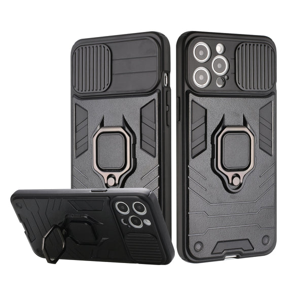 For iPhone 13 6.1 Urban Design Magnetic Ring Stand Hybrid Camera Case Cover - Black