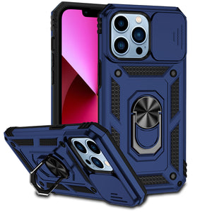 For Apple iPhone 14 PRO 6.1" Well Protective Magentic Ring Stand Camera Protective Cover Case - Blue
