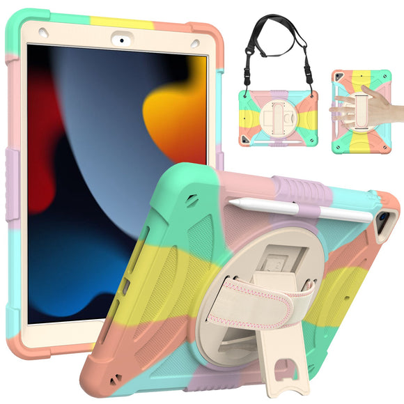 For Apple iPad 9th 8th 7th Gen 10.2 inch Tablet Hand and Shoulder Strap with Kickstand 3in1 Tough Hybrid - Colorful