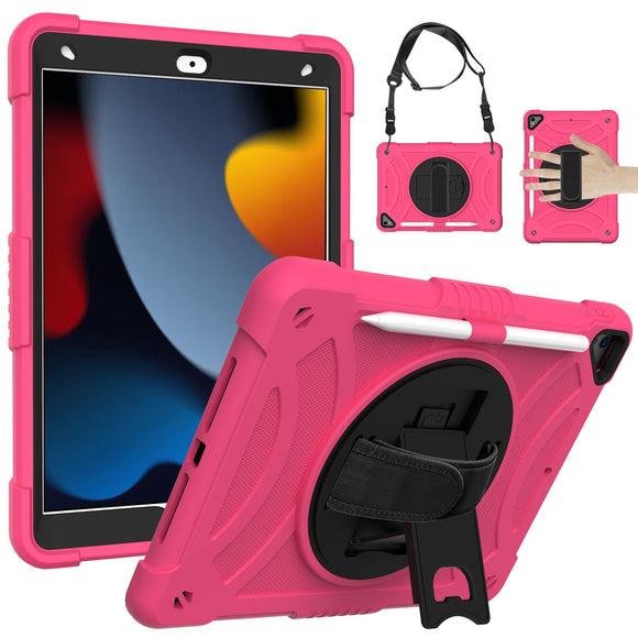 For Apple iPad 9th 8th 7th Gen 10.2 inch Tablet Hand and Shoulder Strap with Kickstand 3in1 Tough Hybrid - Hot Pink