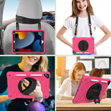 For Apple iPad 9th 8th 7th Gen 10.2 inch Tablet Hand and Shoulder Strap with Kickstand 3in1 Tough Hybrid - Hot Pink