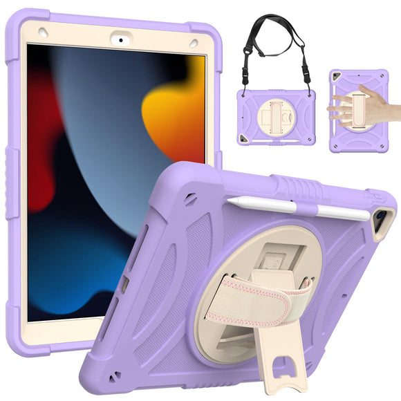 For Apple iPad 9th 8th 7th Gen 10.2 inch Tablet Hand and Shoulder Strap with Kickstand 3in1 Tough Hybrid - Light Purple