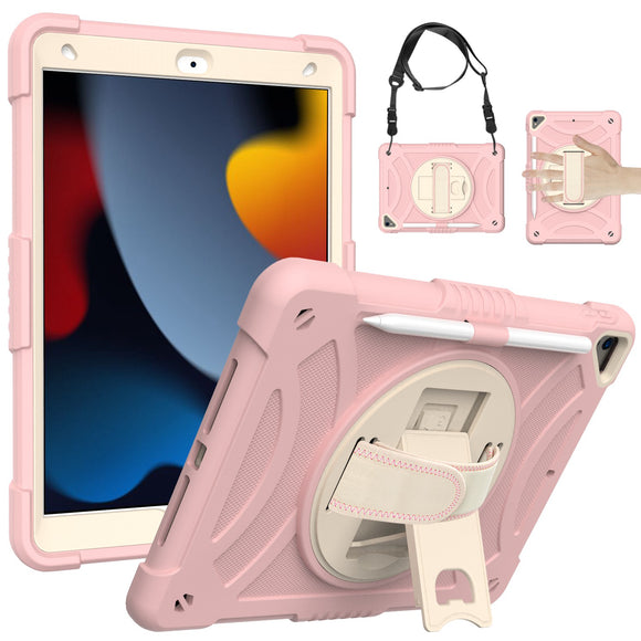 For Apple iPad 9th 8th 7th Gen 10.2 inch Tablet Hand and Shoulder Strap with Kickstand 3in1 Tough Hybrid - Rose Gold
