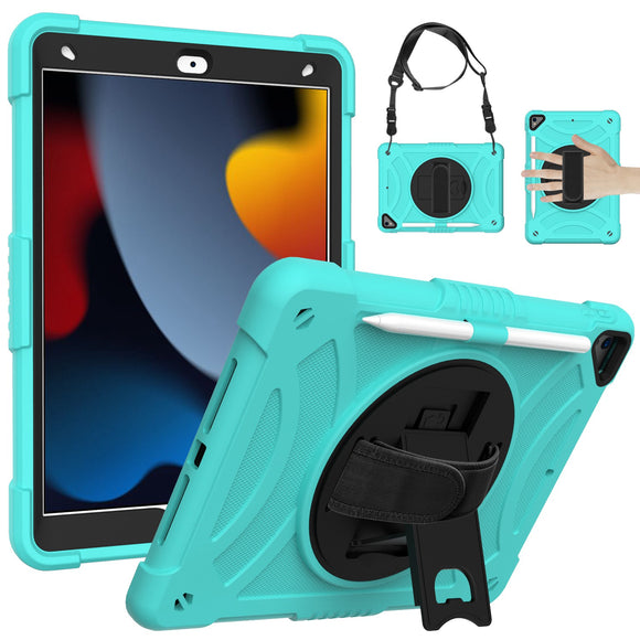 For Apple iPad 9th 8th 7th Gen 10.2 inch Tablet Hand and Shoulder Strap with Kickstand 3in1 Tough Hybrid - Teal