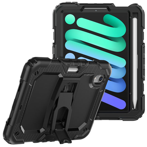 For Apple iPad Mini 6th Gen 8.3 inch (2021) Heavy Duty Full Body Rugged Tablet Kickstand Case Cover - Black/Black