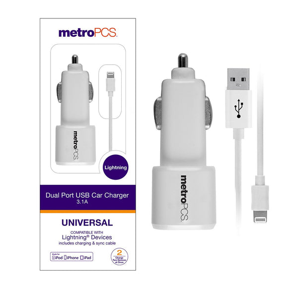 MetroPCS Dual Port USB Car Charger 3.1A with Lightning Cable