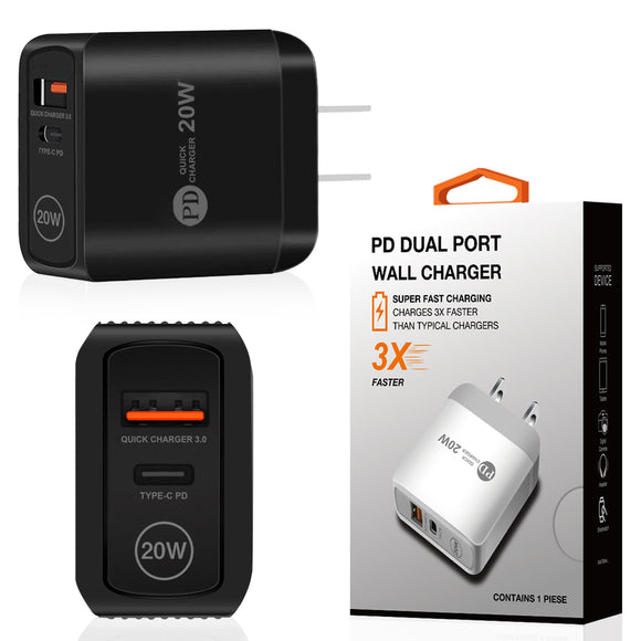 20W Power Delivery Travel Wall Charger Adapter with Dual Ports of USB and Type-C In Black