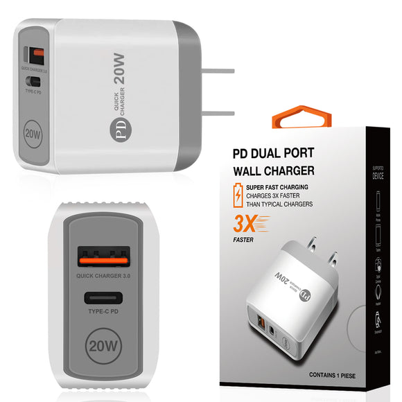 20W Power Delivery Travel Wall Charger Adapter with Dual Ports of USB and Type-C In White