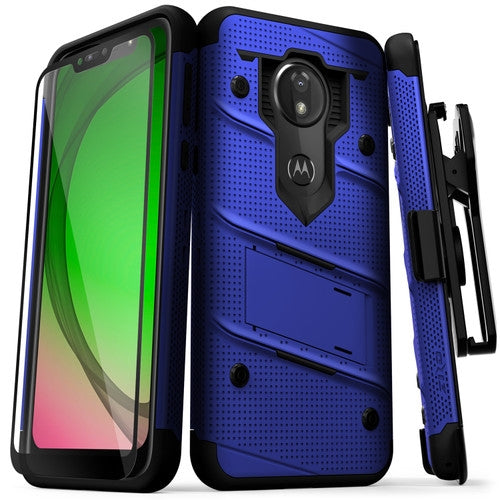 FOR MOTO G7 PLAY - BOLT CASE WITH BUILT IN KICKSTAND HOLSTER AND FULL GLUE GLASS SCREEN PROTECTOR
