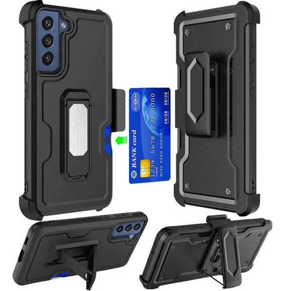 Samsung Galaxy S21 FE CARD Holster with Kickstand Clip Hybrid Case Cover - Black