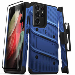 ZIZO BOLT Series for Galaxy S21 Ultra 5G Case with Screen Protector Kickstand Holster Lanyard - BLUE