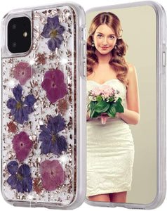iPhone 14/13 (6.1") Silver Flake & Purple/Pink Flower Infused Case