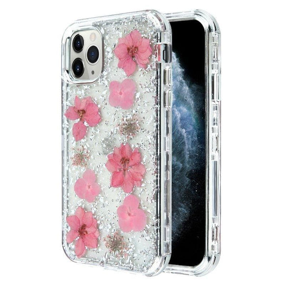 iPhone 13 Pro Max Silver Flake & Pink Flower Infused Case
