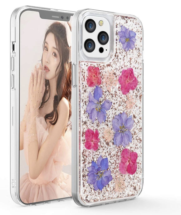 iPhone 14/13 Rose Gold Flake & Purple/Pink Flower Infused Case