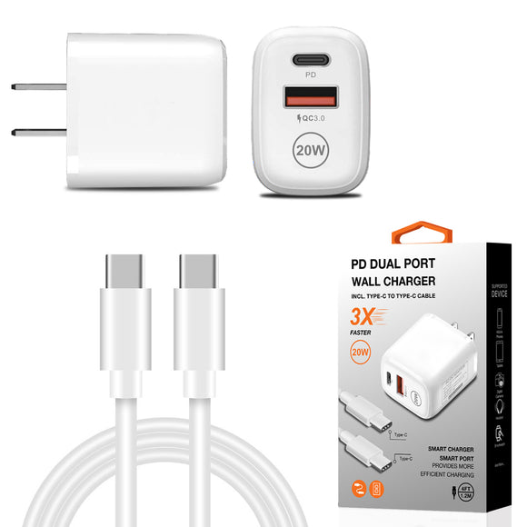 PD Dual Ports Travel Wall Charger Adapter Fast Charging with Type-C to Type-C Cable