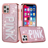 For iPhone 12/Pro (6.1 Only) Embroidery Bling Glitter Chrome Hybrid Case Cover - Pink on Pink