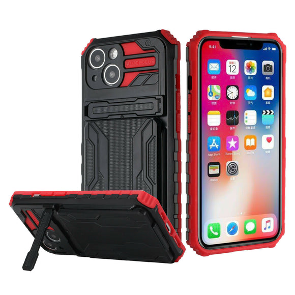 For Apple iPhone 11 (XI6.1) Multiple Card Holder Kickstand Hybrid Case Cover - Red