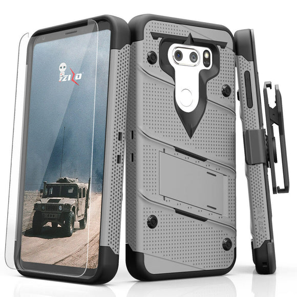 For LG V30 - Zizo [Bolt Series] w/FREE [Clear Glass Screen Protector] Kickstand [Military Grade Drop Tested] Holster - LG V35 ThinQ - GRAY