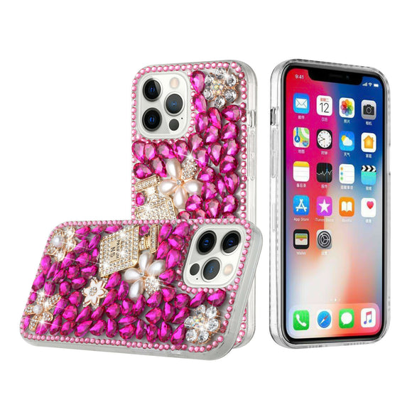 For iPhone 13 Pro Max Full Diamond with Ornaments Case Cover - Pearl Flowers with Perfume Hot Pink