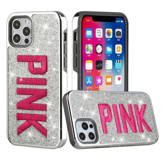 For iPhone 12/Pro (6.1 Only) Embroidery Bling Glitter Chrome Hybrid Case Cover - Pink on Silver