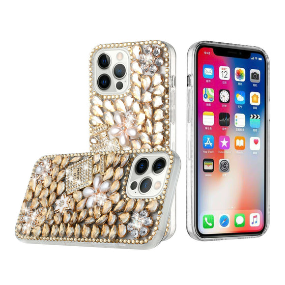 For iPhone 13 6.1 Full Diamond with Ornaments Case Cover - Pearl Flowers with Perfume Gold