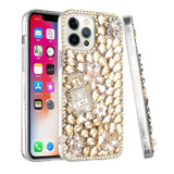 For iPhone 13 Pro Max Full Diamond with Ornaments Case Cover - Pearl Flowers with Perfume Gold
