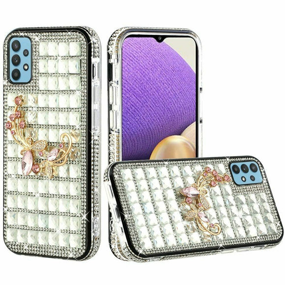 For Samsung A32 5G Trendy Fashion Design Hybrid Case Cover - Butterfly Floral on Silver
