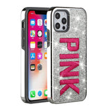For iPhone 12/Pro (6.1 Only) Embroidery Bling Glitter Chrome Hybrid Case Cover - Pink on Silver