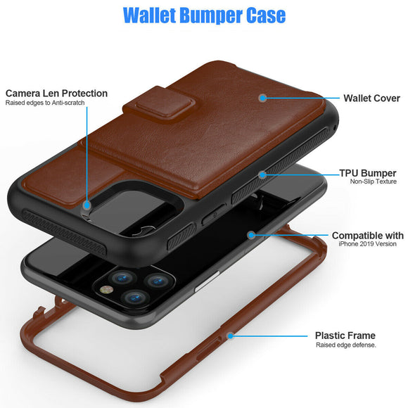 Magnetic Leather Stand Wallet Case with Rugged Bumper For iPhone 11 (Brown)