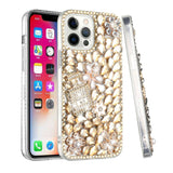 For iPhone 13 6.1 Full Diamond with Ornaments Case Cover - Pearl Flowers with Perfume Gold