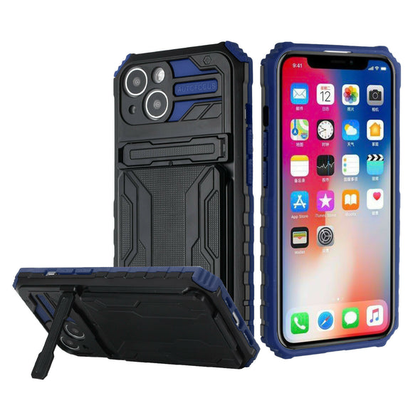 For Apple iPhone 11 (XI6.1) Multiple Card Holder Kickstand Hybrid Case Cover - Navy Blue