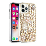 For iPhone 13 6.1 Full Diamond with Ornaments Case Cover - Pearl Flowers with Perfume Gold