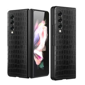 Samsung Galaxy Z Fold3 5G PU Vegan Leather Premium Hard Snap On Case Cover - Black