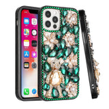 For iPhone 13 Pro Max Full Diamond with Ornaments Case Cover - Green Panda Floral