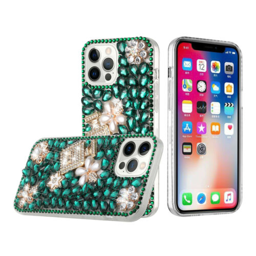 iPhone 13 Pro Max Full Diamond with Ornaments Case Cover - Pearl Flowers with Perfume Green
