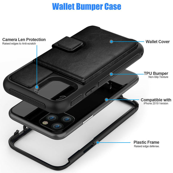 Magnetic Leather Stand Wallet Case with Rugged Bumper For iPhone 11 (Black)